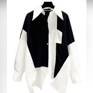 Madonna & Co. Women’s Mixed Media White Shirt with Black Knit Contrast - OS